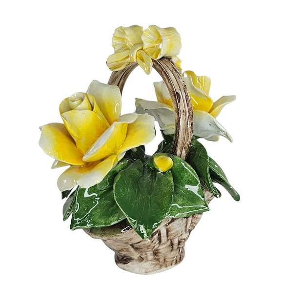 Vintage Nuova Capodimonte Yellow Porcelain Rose Flower Basket Italy *Chipped - Picture 3 of 12